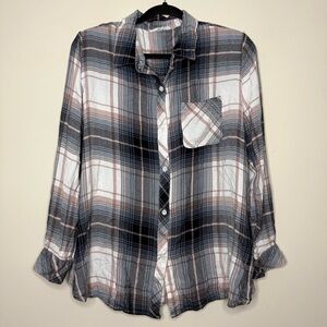 BEACH LUNCH LOUNGE Boho Plaid Boyfriend Oversized Longsleeve Buttondown Top